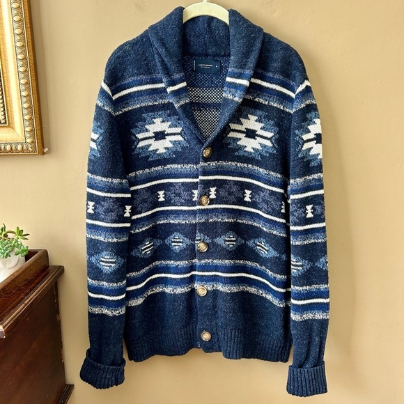 Lucky Brand Legacy Shawl Collar Button Front Cardigan Blue Aztec Print Size M - Picture 4 of 12